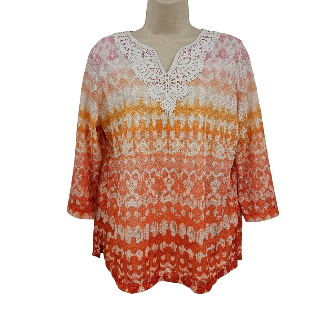 Alfred Dunner Shirt Women PS Petite Pink Orange Geometric Crochet Tunic Top